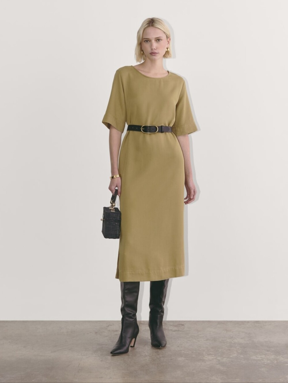 Everlane Relaxed T-Shirt Midi Dress Buttersoft Fennel Seed Camel Size XS Capsule